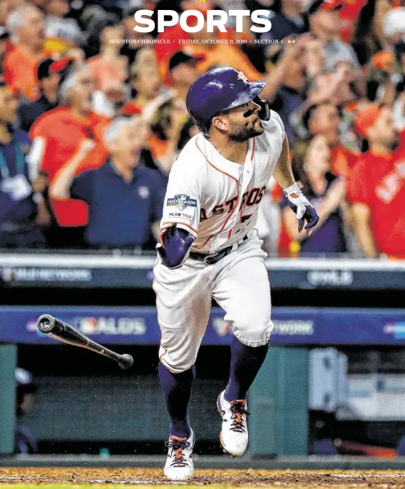  ?? Karen Warren / Staff photograph­er ?? Jose Altuve followed up Michael Brantley’s solo shot in the eighth inning with one of his own to help put Thursday night’s game out of reach.