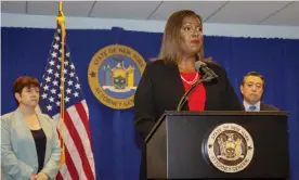  ?? York. Photograph: Ted Shaffrey/AP ?? New York State Attorney General Letitia James speaks at a press conference on Tuesday in New