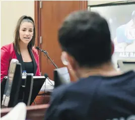  ?? MATTHEW DAE SMITH, LANSING STATE JOURNAL VIA AP ?? Above: U.S.Olympic gold medallist Aly Raisman confronts Larry Nassar, her former team doctor, in a courtroom Friday.