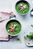  ?? Provided by Kyle Books ?? Spring pea soup with roasted radishes from Rita Serano’s “Vegan in 7.”