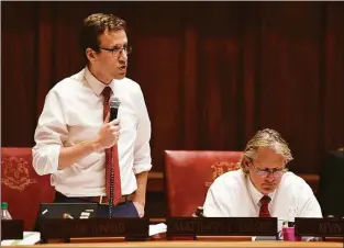  ?? Jessica Hill / Associated Press file photo ?? State Sen. Matt Lesser, D-Middletown, discusses the issue of crumbling foundation­s during the final day of session at the State Capitol in Hartford on June 5, 2019.