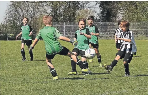  ?? RP-FOTOS (2): NIPKO ?? Mit diesem Schuss gehen die F-Junioren aus Schwanenbe­rg (schwarz-weiße Trikots) gegen Sparta Gerderath in Führung – Gerderath siegt aber 3:1.