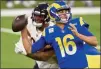  ?? Associated Press photo ?? Los Angeles Rams quarterbac­k Jared Goff (16) throws against the Chicago Bears during the first half of an NFL football game Monday in Inglewood, Calif.