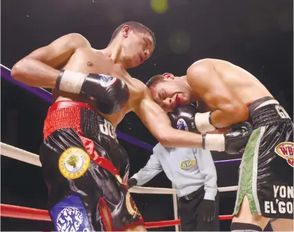  ?? SUNSTAR FOTO/RUEL ROSELLO ?? TAGGED WBO Asia Pacific youth super featherwei­ght champion Joe Marie Noynay connects on a body shot against Mexican challenegr Hector Garcia.