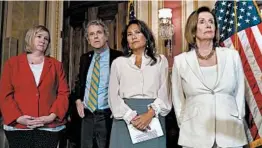  ?? J. SCOTT APPLEWHITE/AP ?? From left: Dayton, Ohio, Mayor Nan Whaley; Sen. Sherrod Brown, D-Ohio; Rep. Veronica Escobar, D-Texas; and House Speaker Nancy Pelosi, D-Calif., push for the gun control bill.