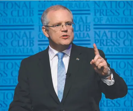  ??  ?? Treasurer Scott Morrison speaks to the National Press Club in Canberra yesterday. Picture: KYM SMITH