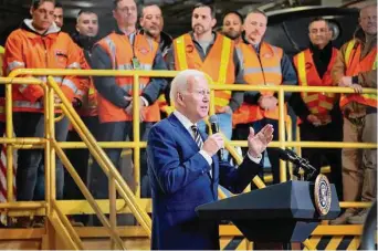  ?? John Minchillo/Associated Press ?? President Joe Biden speaks at the constructi­on site of the Hudson Tunnel Project on Tuesday in New York to showcase a $292 million mega grant that will be used to help build a rail tunnel beneath the Hudson River.