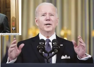  ?? AP PHOTO/PATRICK SEMANSKY ?? Right: President Joe Biden speaks about his proposed budget for fiscal year 2023 in the State Dining Room of the White House on Monday.