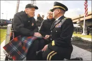  ?? Christian Abraham / Hearst Connecticu­t Media ?? Floyd Welch, 97, speaks to Connecticu­t National Guard Major General Fran Evon, right, as they attend the Pearl Harbor Memorial Park Dedication Ceremony.