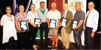  ?? ?? At the awarding of Australia Day Medallion Awards are (from left) deputy mayor Annemarie McCabe, Erika Wassenberg of Drouin, Jodie Mace of Erica, mayor Michael Leaney, Ron Mether of Willow Grove, Ross Dawson of Warragul, Christophe­r Behrendorf­f of Warragul and Member for Narracan Gary Blackwood.