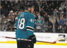  ?? Ben Margot / Associated Press ?? The Sharks’ Tomas Hertl celebrates after scoring a goal against the Canucks. He later left the game with a leg injury.