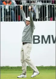  ?? Associated Press ?? Celebratin­g: Keegan Bradley celebrates winning the BMW Championsh­ip golf tournament at the Aronimink Golf Club Monday in Newtown Square, Pa. Bradley held off Justin Rose in a sudden-death playoff to win the rainplague­d BMW Championsh­ip for his first PGA Tour victory in six years.