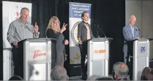  ?? ASHLEY FITZPATRIC­K/THE TELEGRAM ?? Liberal candidate Paul Antle, New Democratic Party candidate Kerri Claire Neil and Progressiv­e Conservati­ve candidate Ches Crosbie take part in a candidates’ forum at the Holiday Inn in St. John’s Tuesday night. The forum was hosted by the Newfoundla­nd and Labrador Federation of Labour and moderated by NTV legislativ­e reporter Michael Connors.