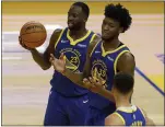  ?? JANE TYSKA — BAY AREA NEWS GROUP ?? The Warriors’ Draymond Green (23) looks on as Stephen Curry (30) talks with James Wiseman after he committed a foul against the Indiana Pacers in San Francisco last Tuesday.