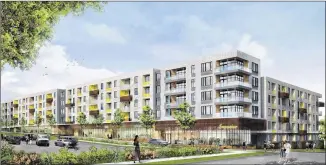  ?? GREYSTAR REAL ESTATE PARTNERS ?? This artist’s rendering shows what the 300-unit apartment complex planned for the parking lots outside the defunct Highland Mall will look like. The buildings will be four and five stories tall, and the ground-floor space will be set aside for local...