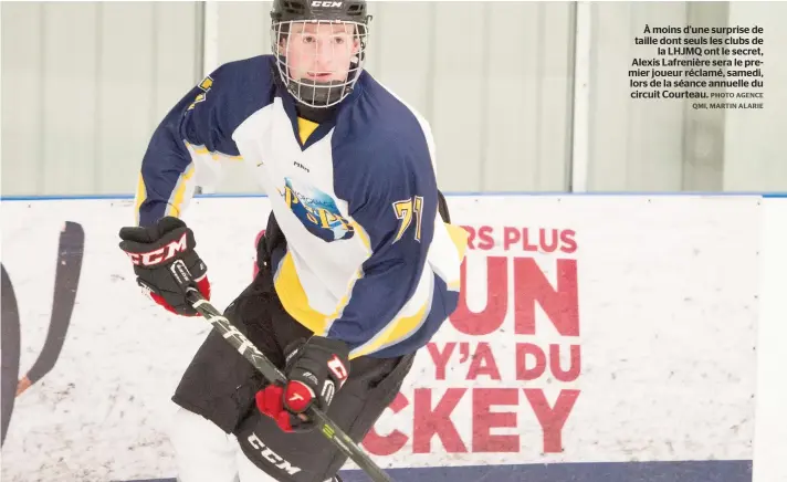  ??  ?? À moins d'une surprise de taille dont seuls les clubs de la LHJMQ ont le secret, Alexis Lafrenière sera le premier joueur réclamé, samedi, lors de la séance annuelle du circuit Courteau.