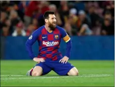  ?? AP Photo/Joan Monfort ?? In this 2019 file photo, Barcelona’s Lionel Messi reacts during a Champions League Group F soccer match against Slavia Praha at Camp Nou stadium in Barcelona, Spain.