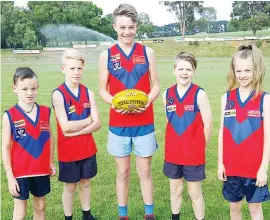  ??  ?? Lenny White, Logan Wallmeyer, Patrick Ireland, Matthew Cahill and Charley Kay look forward to wearing the red and blue in the Warragul District Junior Football League in 2018.