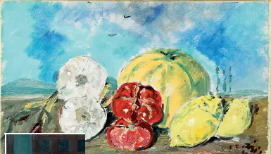  ??  ?? Uniti Qui sopra Filippo De Pisis, «Natura morta con frutta», 1940. Qui accanto, Giorgio de Chirico, «Piazza d’Italia con statua», 1951