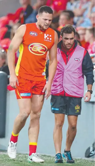  ?? Picture: GETTY IMAGES ?? Suns co-captain Steven May is helped off the ground after injuring his hamstring in the loss to Collingwoo­d on Saturday night.