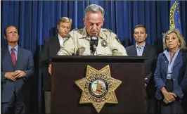  ?? JIM WILSON / THE NEW YORK TIMES ?? Clark County Sheriff Joe Lombardo speaks to reporters Oct. 2, a day after a shooting left 58 dead in Las Vegas. A lawsuit says that “six minutes” of police response time were lost Oct. 1.