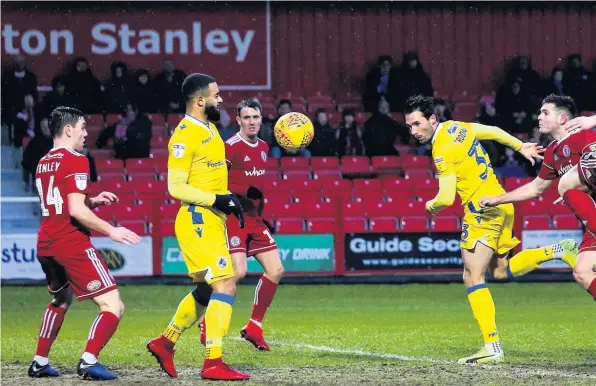  ??  ?? Bristol Rovers’ Alex Rodman heads the ball at goal during Saturday’s Sky Bet League One match against Accrington Stanley at the Wham Stadium