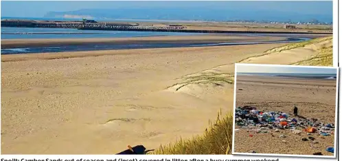  ??  ?? Spoilt: Camber Sands out of season and (inset) covered in litter after a busy summer weekend