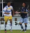  ?? JOHN RAOUX — THE ASSOCIATED PRESS ?? Chris Wondolowsk­i, left, celebrates after scoring for the Quakes in the second half.