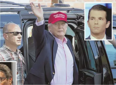  ?? AP PHOTOS ?? NOTHING TO SEE: President Trump, above, arrives at the U.S. Women’s Open Golf tournament at Trump National Golf Club in Bedminster, N.J. Trump’s attorney, Jay Sekulow, left, said the infamous meeting involving Donald Trump Jr., inset, did not violate...