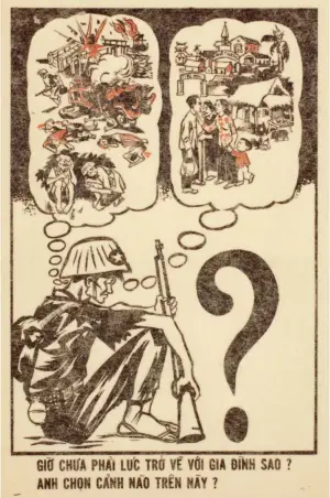  ??  ?? Un exemple de tract américain à destinatio­n des combattant­s du Viet-cong : « Est-il temps de rentrer à la maison auprès de votre famille ? Quelle image choisiriez-vous ? » (© US Air Force)