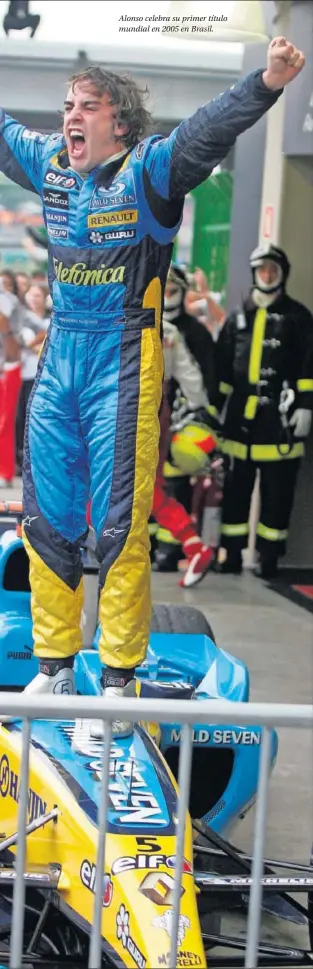  ??  ?? Alonso celebra su primer título mundial en 2005 en Brasil.
Este será el Arrow SP McLaren que Alonso pilotará en su tercer asalto a las 500 Millas de Indianápol­is.