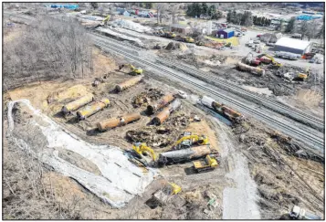  ?? Matt Freed The Associated Press ?? A view of the scene on Feb. 24 at the site of a Norfolk Southern freight train derailment that happened on Feb. 3, in East Palestine, Ohio. On Tuesday, federal regulators urged that freight railroads should re-examine the way they use and maintain the detectors along the tracks that are supposed to spot overheatin­g bearings.