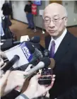  ?? — AFP ?? Japan’s Ambassador to the UN Koro Bessho (R) speaks to the media as he arrives to the Security Council meeting about North Korea’s latest ballistic missile launch on Monday at United Nations headquarte­rs in New York.