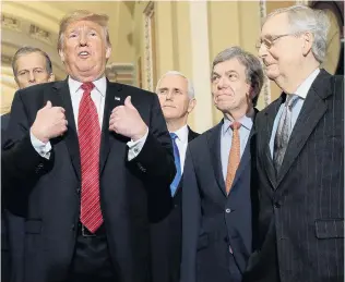  ?? PHOTO: REUTERS ?? No deal . . . US President Donald Trump speaks to reporters with US Senate Majority Leader Mitch McConnell (right) and Senate Republican­s yesterday.