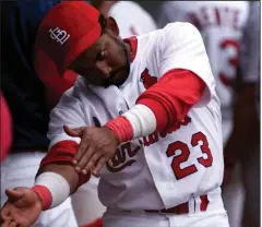  ?? (AP file photo) ?? Fernando Tatis of the St. Louis Cardinals became the first person in major league history to hit two grand slams in one inning on this date in 1999 in a 12-5 victory over the Los Angeles Dodgers.