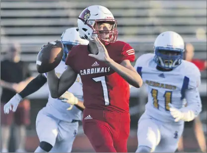  ?? Dan Watson/For The Signal ?? The Santa Clarita Christian quarterbac­k Blake Kirshner prepares to pass against St. Bernard earlier this season at Canyon High School.