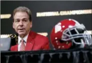  ?? DAVID GOLDMAN - THE ASSOCIATED PRESS ?? Alabama head coach Nick Saban speaks during a press conference ahead of the NCAA college football national championsh­ip in Atlanta, Sunday, Jan. 7, 2018. Georgia and Alabama will be playing for the championsh­ip on Monday, Jan. 8.