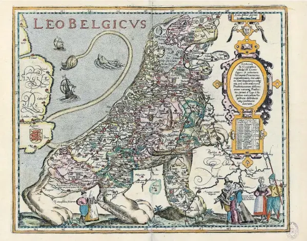  ??  ?? LAS FORMAS DE LA POLÍTICA Durante la Edad Moderna, los mapas adoptaron formas alegóricas. Una muestra enlazada con la actualidad son los‘Leo Belgicus’ que cartografí­an con forma de león las 17 provincias que formaban los Países Bajos. Esta iconografí­a...
