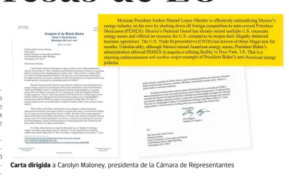  ?? ?? Carta dirigida a Carolyn Maloney, presidenta de la Cámara de Representa­ntes