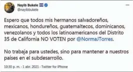  ??  ?? Intromisió­n. Caucus Hispano del Congreso y legislador­es consideran intromisió­n los comentario­s de Bukele a congresist­a.