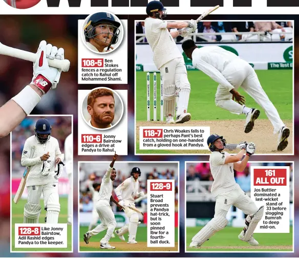  ?? ?? 128-8 Like Jonny Bairstow, Adil Rashid edges Pandya to the keeper. 108-5 Ben Stokes fences a regulation catch to Rahul off Mohammed Shami. 110-6 Jonny Bairstow edges a drive at Pandya to Rahul. 118-7 Chris Woakes falls to perhaps Pant’s best catch, holding on one-handed from a gloved hook at Pandya. 128-9 Stuart Broad prevents a Pandya hat-trick, but is soon pinned lbw for a fourthball duck. 161 ALL OUT Jos Buttler dominated a last-wicket stand of 33 before slogging Bumrah to deep mid-on.