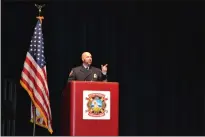  ?? ?? Engineer/paramedic Mike Leonhardt speaks after being named the Vacaville Fire Department's 2021Firefi­ghter of the Year.