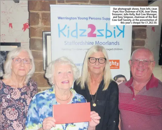  ??  ?? Our photograph shows, from left,) Jean Fryer, Vice Chairman of K2K; Jean Shaw, Treasurer; Julie Kelly, Red Cow Manager; and Tony Simpson, chairman of the Red Cow Golf Society, at the presentati­on of this year’s cheque for £1,262.50.