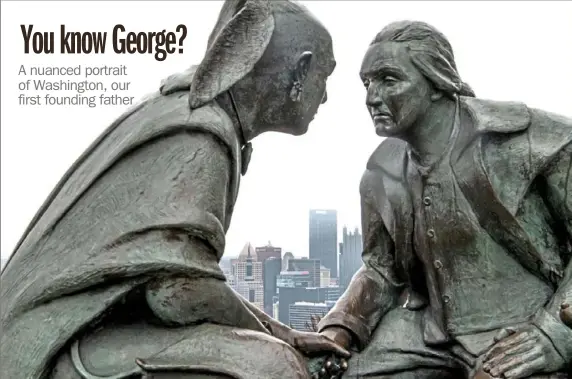  ?? Alexandra Wimley/Post-Gazette ?? A foggy January Pittsburgh skyline in seen behind the James A. West sculpture "Point of View," which depicts Seneca leader Guyasuta meeting with George Washington.