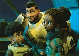  ?? NETFLIX ?? Sean (voiced by JeCobi Swain), left, and Lisa (Priah Ferguson) learn their father, Terry (Laz Alonso), is the interstell­ar bounty hunter Sabo Brok in “My Dad the Bounty Hunter.”