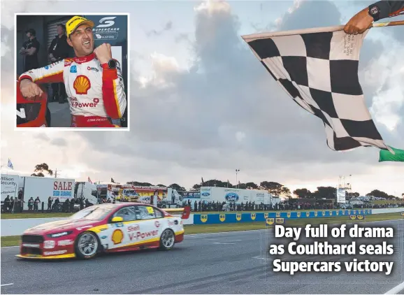  ?? Pictures: MARK HORSBURGH ?? Ford driver Fabian Coulthard of DJR Team Penske crosses the finishing line to win Race 1 of the WD-40 Phillip Island 500 Supercars series in Victoria yesterday. Inset; A jubilant Coulthard after the race back in the pits at the Phillip Island Grand...