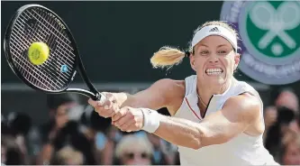  ?? TIM IRELAND THE ASSOCIATED PRESS ?? Germany’s Angelique Kerber returns the ball to Serena Williams of the United States during their women’s singles final match at the Wimbledon Tennis Championsh­ips in London on Saturday. Kerber won, 6-3. 6-3.