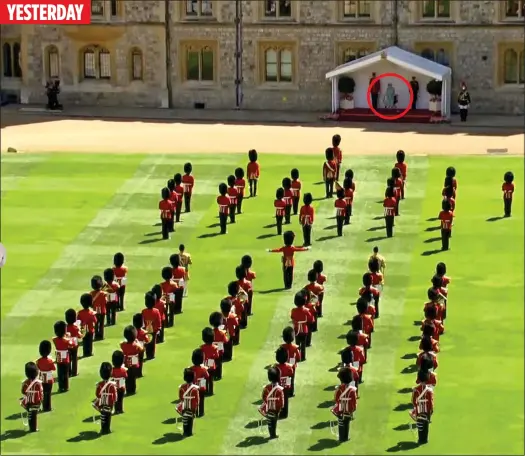  ??  ?? REDUCED POMP: Just a handful of Guardsmen and musicians took part in the pared-down birthday celebratio­ns, watched by Her Majesty, circled