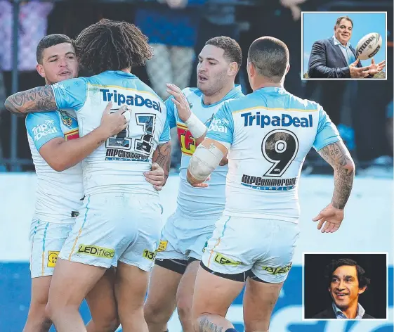  ??  ?? Ash Taylor, pictured with teammates after a Titans try last season, will get a big boost from Mal Meninga (inset top), according to Johnathan Thurston (inset bottom).