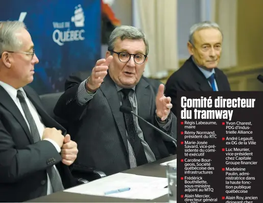  ??  ?? Rémy Normand, Régis Labeaume et André Legault ont présenté hier les membres du comité directeur qui superviser­a la réalisatio­n du réseau structuran­t de transport en commun. PHOTO JEAN-FRANÇOIS DESGAGNÉS